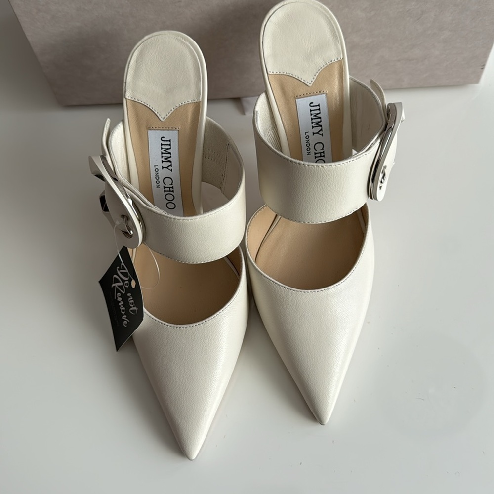 Jimmy Choo Ivory Pointed-Toe Leather Mules with Decorative Buckle - Picture 4 of 9